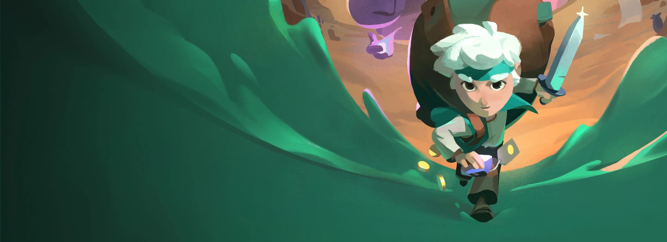 Moonlighter 2 key art showing Will's colorful dimensional adventure